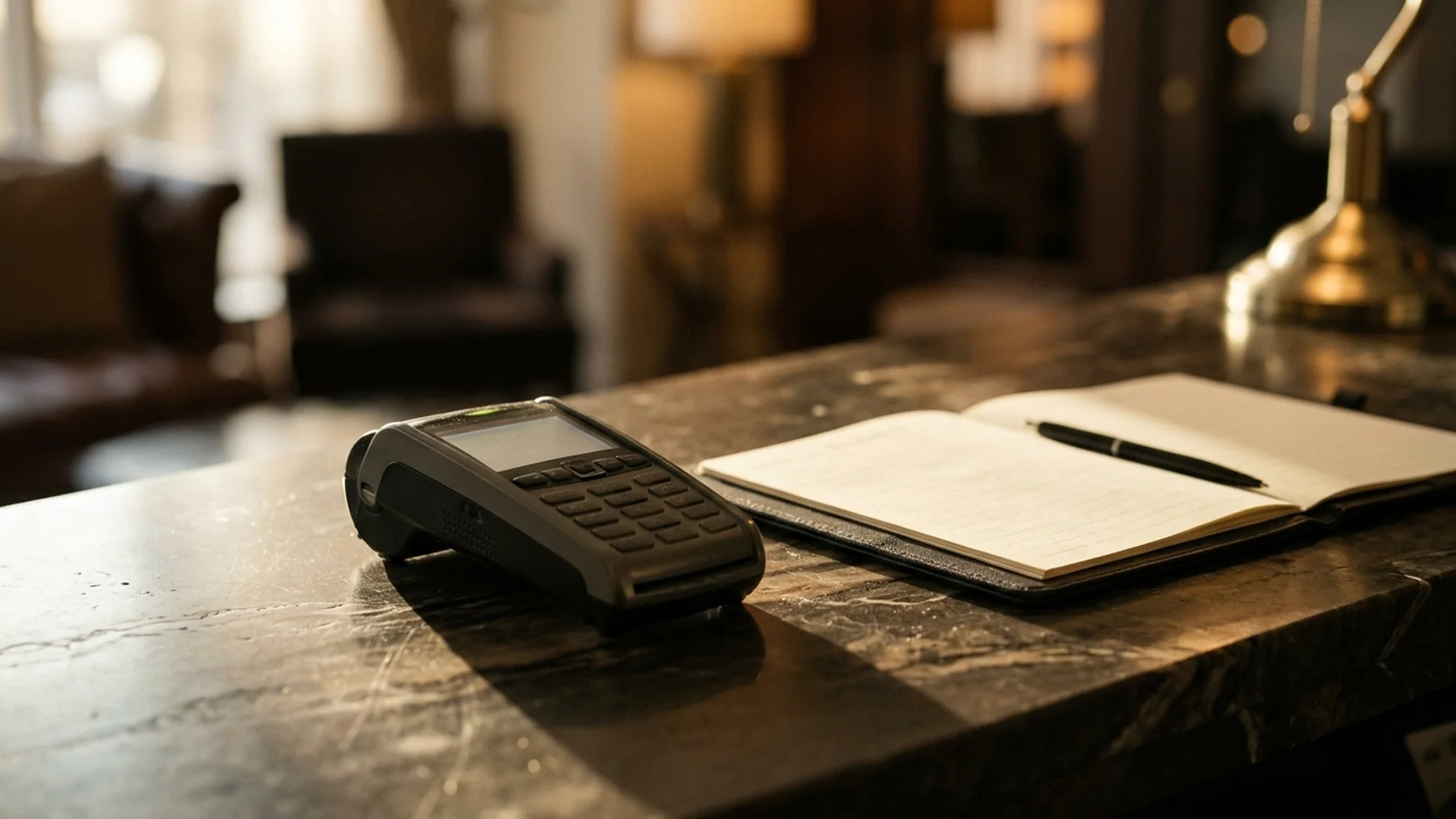 Close view of a card reader on a reception counter beside a booking folder, with a hotel lobby blurred behind