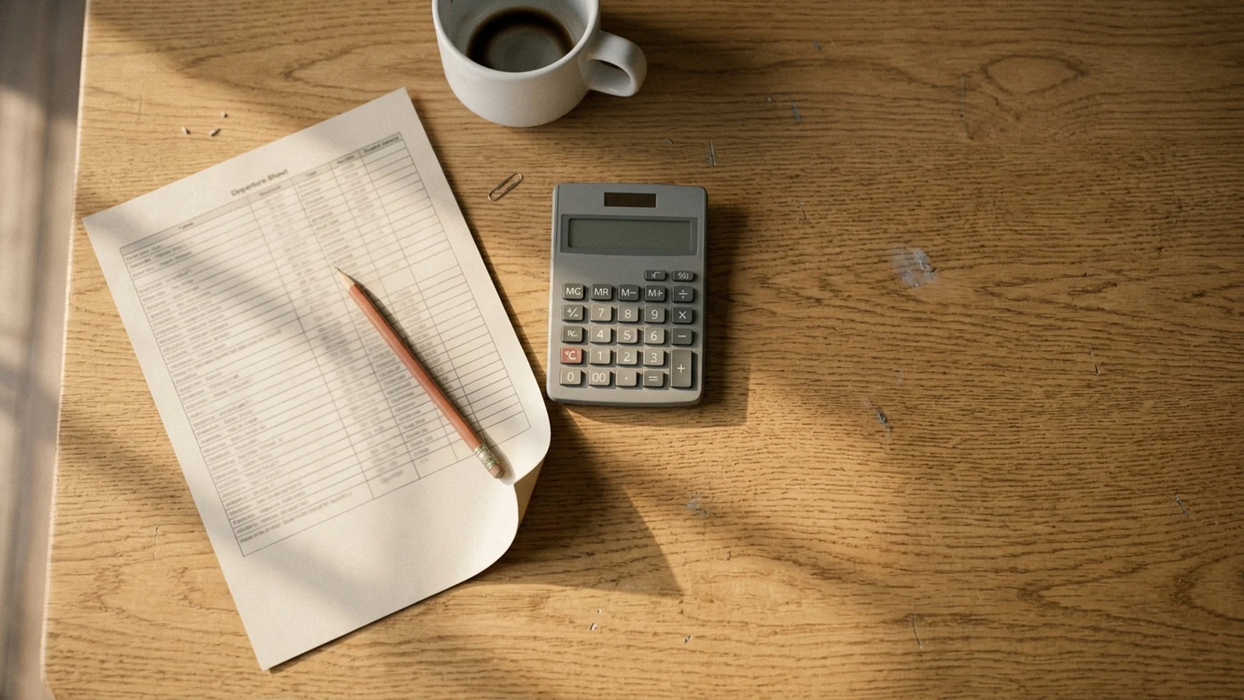 A tour coordinator's desk with a printed departure sheet, a calculator and a pencil, afternoon light falling across the page
